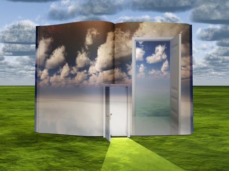Surrealism. Book with opened door and cloudy sky.