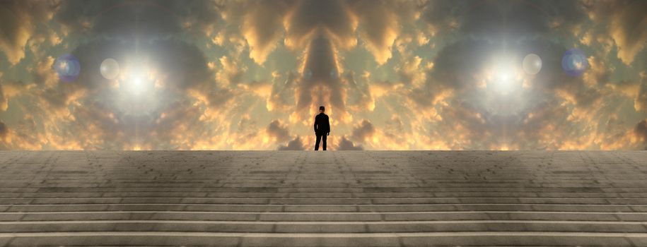 Man in black suit stands before the surreal sky