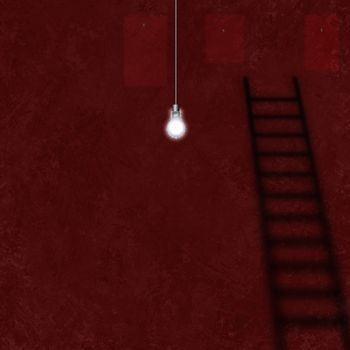 Light bulb in room with red walls. Shadow of ladder