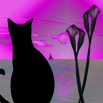 Black cat, lilies and seascape
