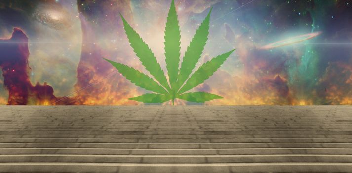 Green marijuana leaf in surreal space scene