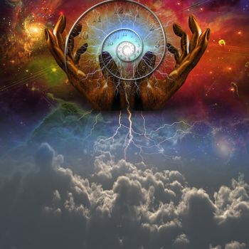 Surrealism. Hands of God and Spiral of Time in the sky. Moment of creation