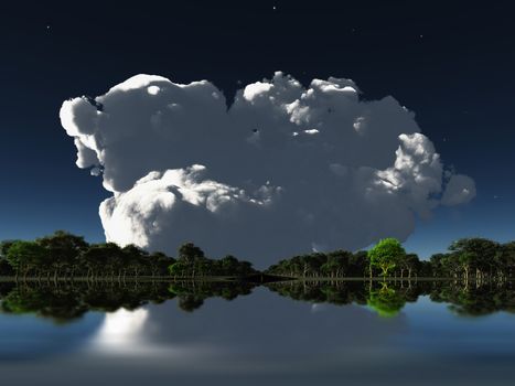 Surreal scene. Big cloud over water surface and forest. 3D rendering