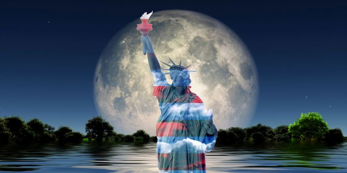 Surreal digital art. Liberty statue in national colors. Green forest in the water. Giant moon at the horizon.