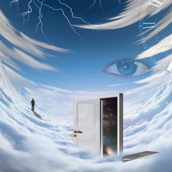 Surrealism. Spiral of time. Lonely man in a distance. Opened door to another dimension.