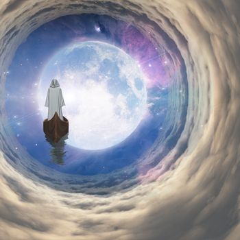 Figure in white robe floating to fulll moon in clouds tunnel