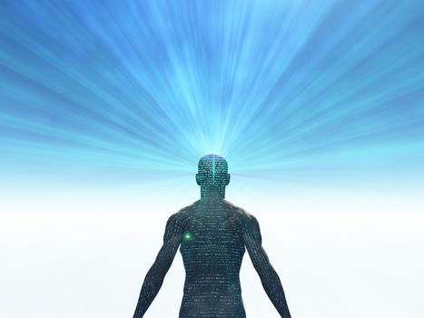 Mind power. Man radiates light from head