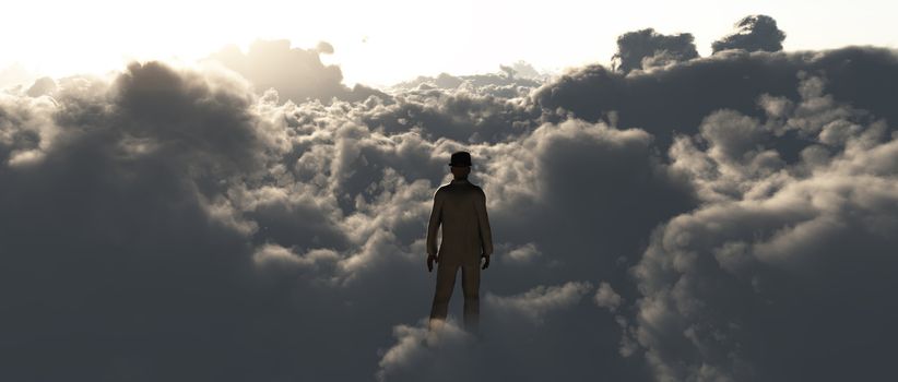 Man in a suit standing in the clouds