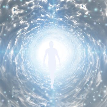 Tunnel of Light with figure. Soul. 3D rendering