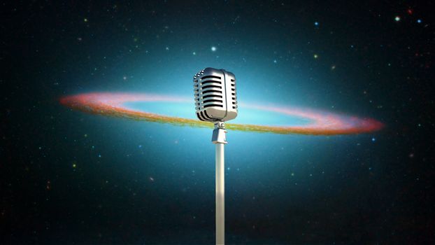 Microphone before starry sky with galaxy