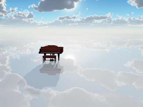 Piano in cloudy white sky