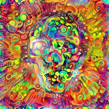 Modern digital painting. Skull silhouette in vivid floral pattern