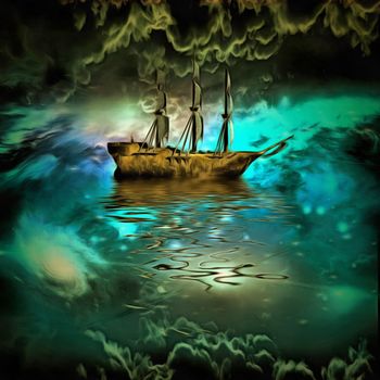 Surreal painting. Ancient ship in the sky