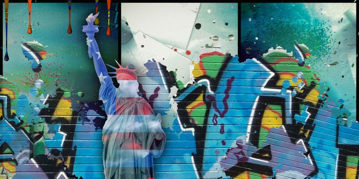Modern art. Liberty statue in national colors. Pieces of graffiti. Paint drops