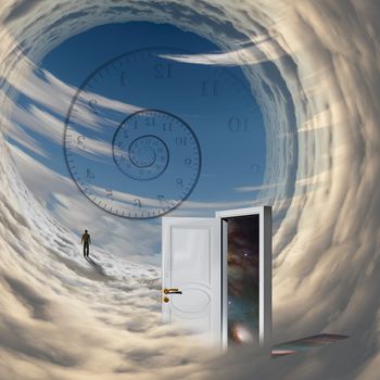 Surrealism. Spiral of time. Lonely man in a distance. Open door to another dimension. Time travel
