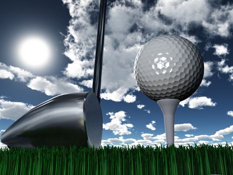 Golf club and ball. Sunny day