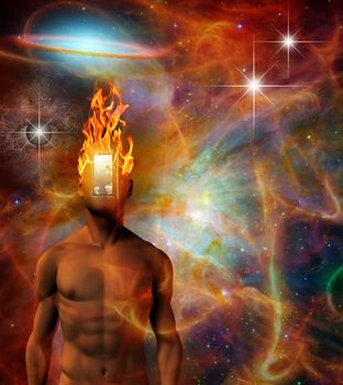 Burning mind in vivid cosmic space. Sci-fi Allegory