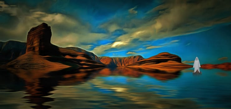 Desert Water Landscape. Traveler in white cloak floats in wooden boat