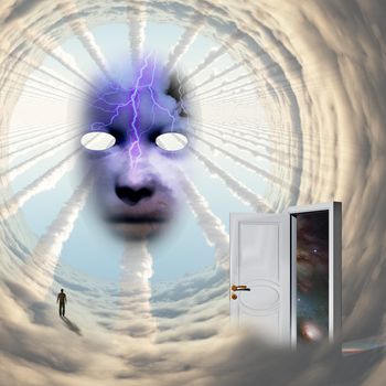 Surrealism. Face of God. Mask in the tunnel of clouds. Lonely man in a distance. Opened door to another dimension
