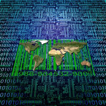 Binary code, modern world map and bar code