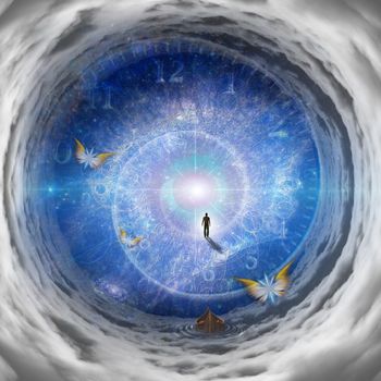 Figure of man walking through tunnel of clouds