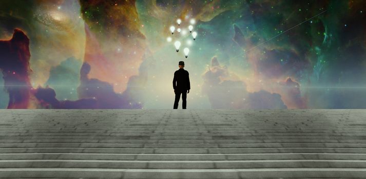 Surrealism. Endless Ideas. Man in suit with light bulbs around him stands before vivid universe