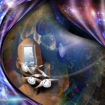Surrealism. Man's head with open door to another world instead of face. Winged clocks represents flow of time. Warped space.