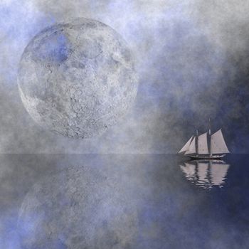 Modern art. Sail boat in moon light