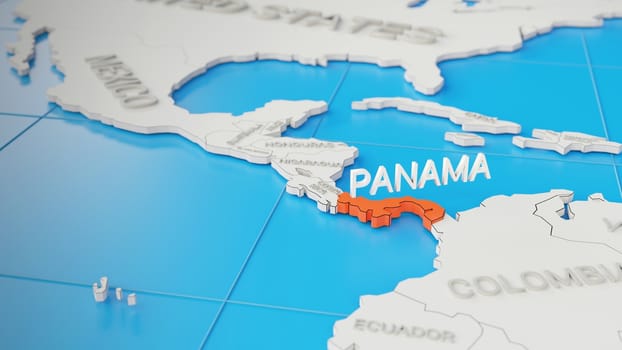 Panama highlighted on a white simplified 3D world map. Digital 3D render.