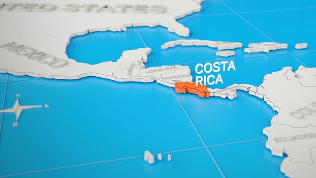 Costa Rica highlighted on a white simplified 3D world map. Digital 3D render.