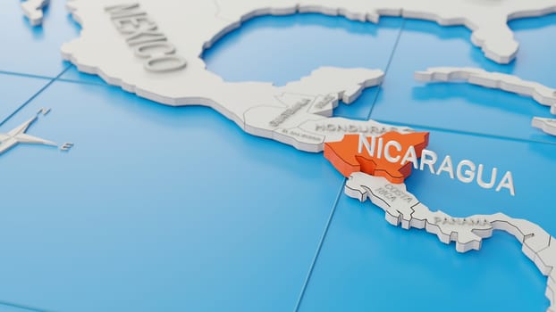 Nicaragua highlighted on a white simplified 3D world map. Digital 3D render.
