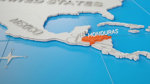 Honduras highlighted on a white simplified 3D world map. Digital 3D render.