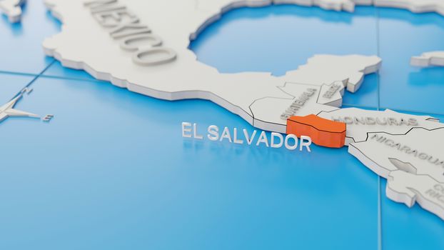 El Salvador highlighted on a white simplified 3D world map. Digital 3D render.