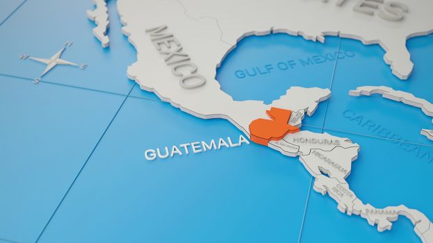 Guatemala highlighted on a white simplified 3D world map. Digital 3D render.