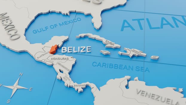 Belize highlighted on a white simplified 3D world map. Digital 3D render.