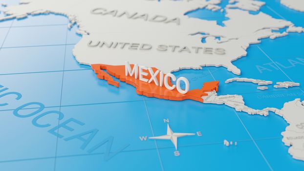 Mexico highlighted on a white simplified 3D world map. Digital 3D render.