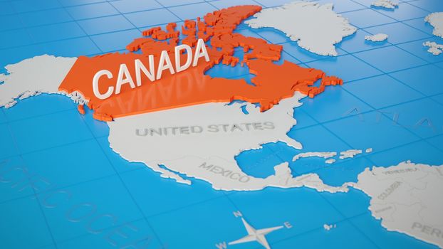 Canada highlighted on a white simplified 3D world map. Digital 3D render.