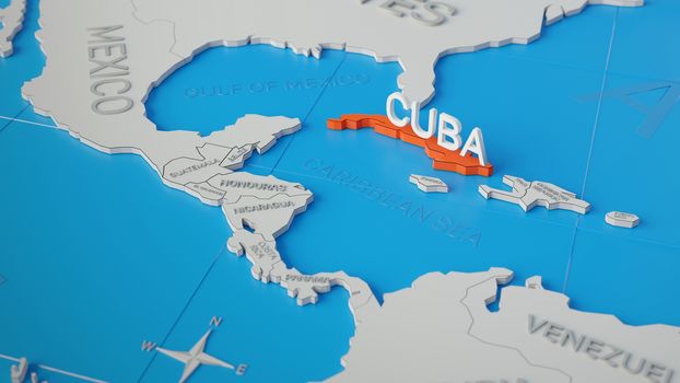 Cuba highlighted on a white simplified 3D world map. Digital 3D render.