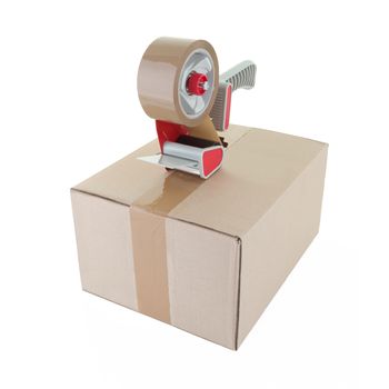 A tape gun and cardboard box on white with clipping path
