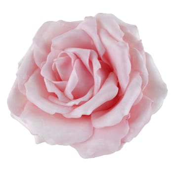 A single pink paper rose on white with clipping path