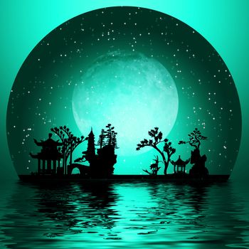 Oriental Art. Asia Night Landscape with Full Moon