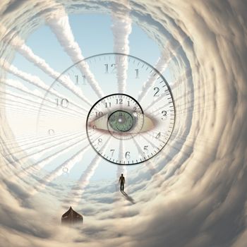 Figure of man in cloud's tunnel. God's eye and spiral of time