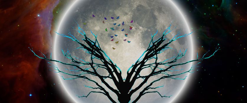 Mystic tree in moonlight. Butterflies symbolizes souls or hope