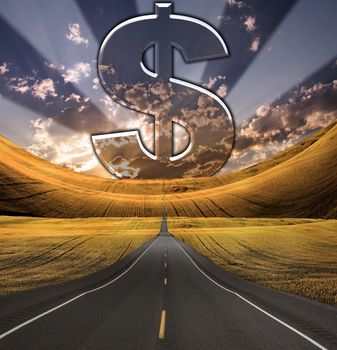 Path to Success. Dollar sign on the horizon at the end of road