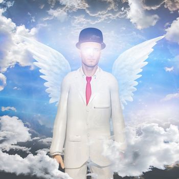 Angelic being. Winged man in white suit
