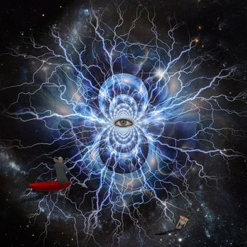 Surreal composition. Escape from reality. Man in red umbrella floats in open space. Eye of God radiates energy