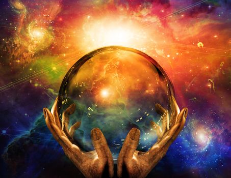 Crystal sphere in hands of creator