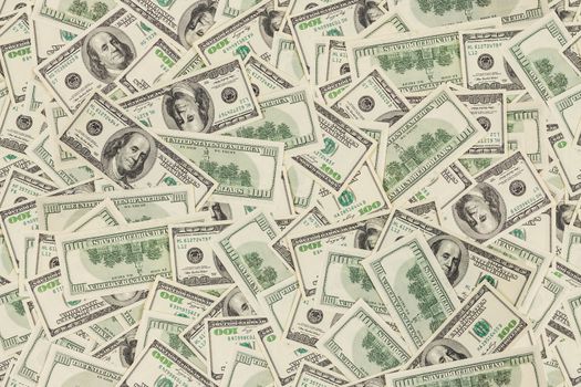 flat seamless texture and background of real one hundred united states of america dollar banknotes, both sides in random pattern