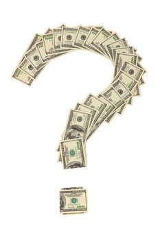 question sign made of one hundred us dollars banknote isolated on white background.
