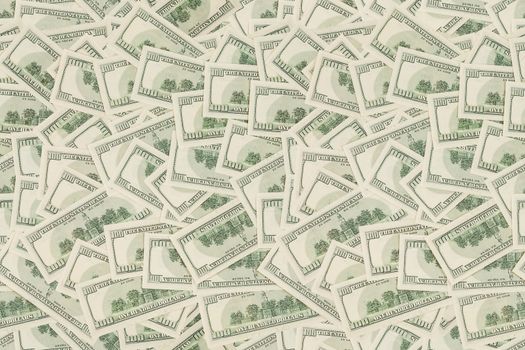 flat seamless texture and background of real one hundred united states of america dollar banknotes, back reverse side in random pattern